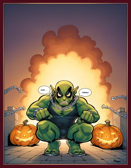 Ringo! Style, solo, 1boy, male focus, bodysuit, mask, chain, squatting, smoke, jack-o'-lantern, pumpkin, explosion, green goblin, PnyCmicXLPOS, <lora:RingoStylePonyXL:1>