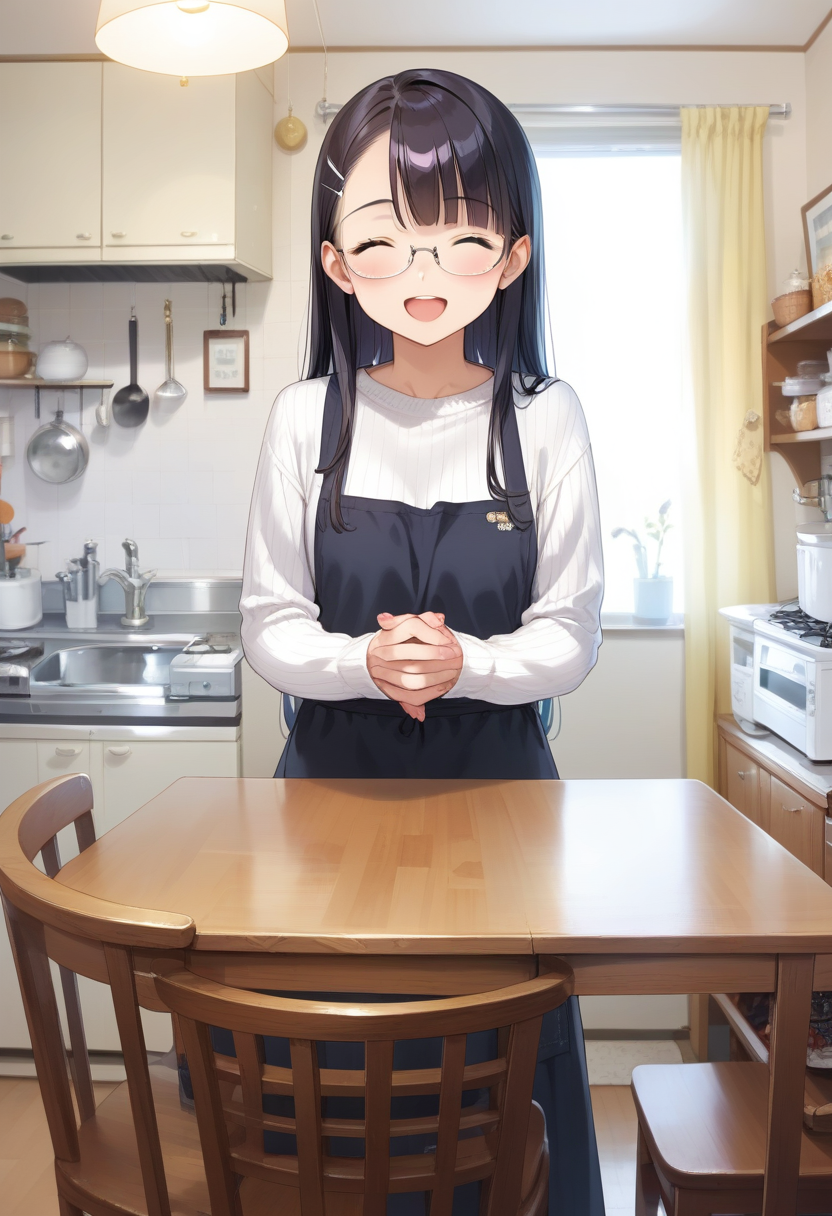 score_9, score_8_up, score_7_up, rating_safe, masterpiece, best quality, absurdres, unity 8k wallpaper, official art, official style, source_anime, uncensored, game cg, megami magazine,
1girl, solo, glasses, black hair, long hair, white ribbed sweater, black apron,  happy, smile, looking at viewer, closed eyes, open mouth, own hands together,
JPkitchen, calendar (object), chair, indoors, scenery, window, sink, table, lamp, kitchen, curtains, cabinet, clock
<lora:JP_kitchen_PONY_V1:1>