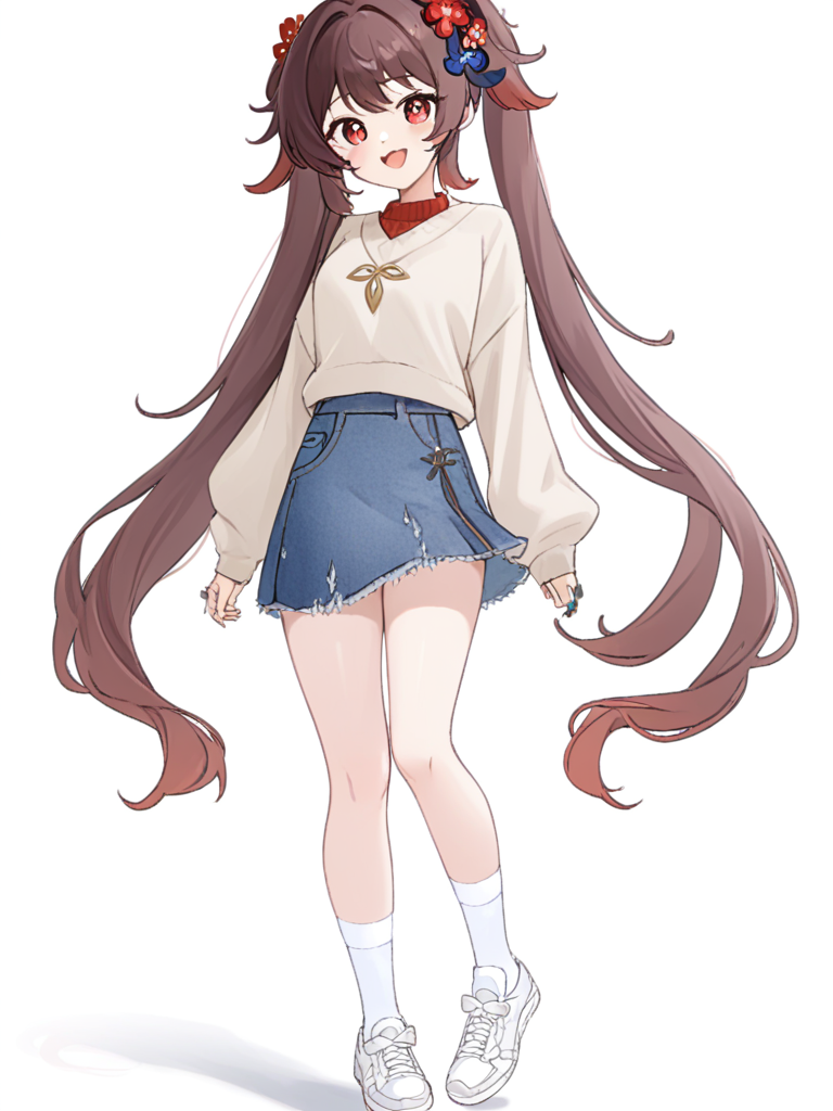 <lora:è¡æ¡:1>ï¼1girl, hu_tao_\(genshin_impact\), denim_skirt, skirt, solo, brown_hair, long_hair, full_body, red_eyes, white_background, simple_background, hair_ornament, jewelry, twintails, socks, white_footwear, open_mouth,  denim, shoes, smile, looking_at_viewer, long_sleeves, white_socks, flower, alternate_costume, sweater, standing, sneakers, blue_skirt, hair_flower,  casual, ring, bangs, bare_legs, very_long_hair,