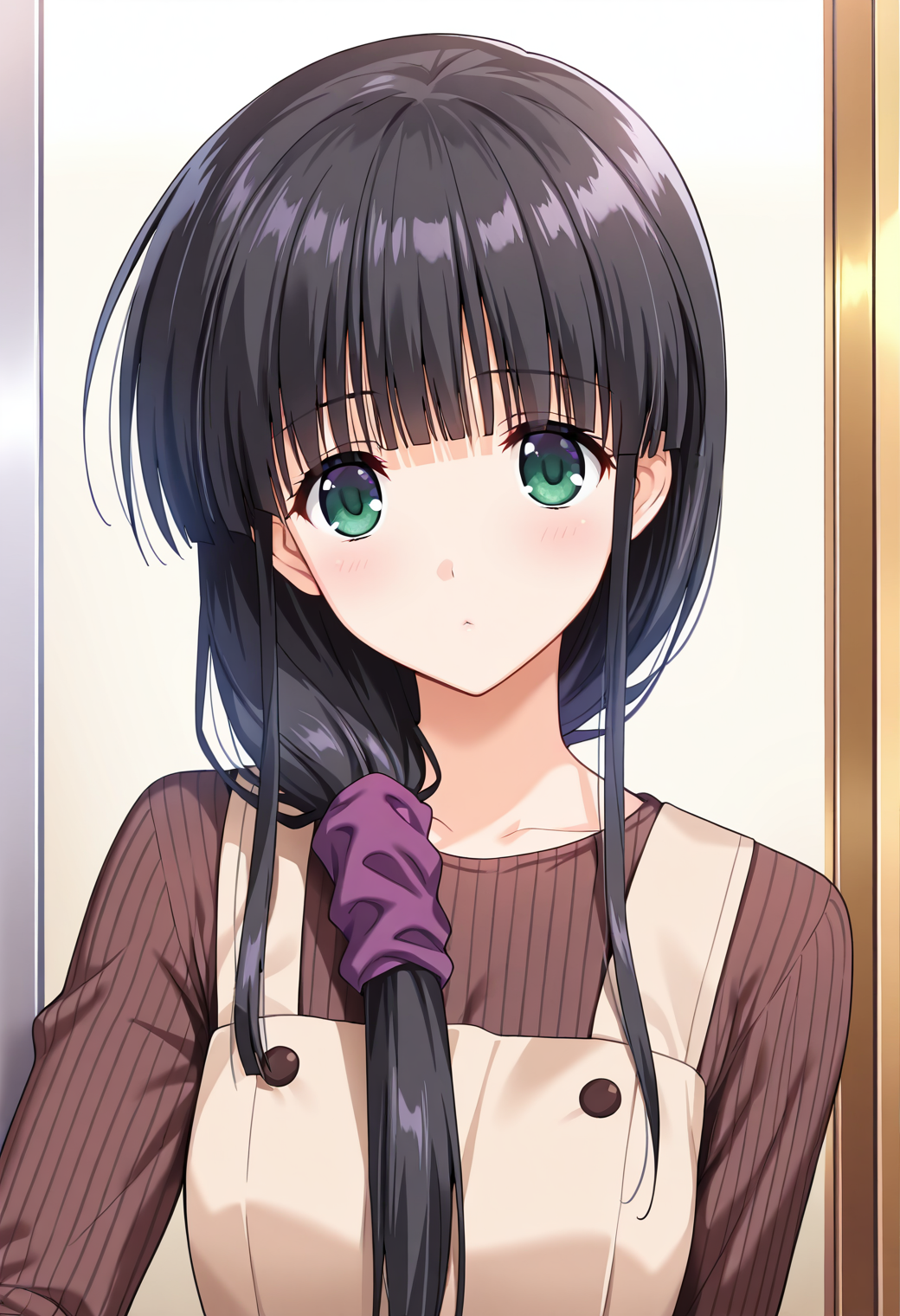 masterpiece, best quality, very aesthetic, absurdres, 1girl, solo,
<lora:hasebe_aya_v01:0.9>, hasebe_aya, aya_casual4, black hair, low-tied long hair, ponytail, hair over shoulder, blunt bangs, sidelocks, green eyes,
purple scrunchie, pinafore dress, sleeveless dress, brown sweater, striped sweater, posing