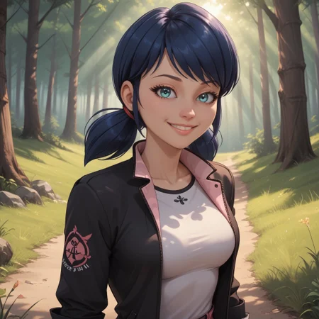 score_9, score_8, BREAK, solo, Marinette Dupain-Cheng, Dark blue hair, standing, tight jeans, pink pants, white shirt, black jacket, sexy pose, self portrait, smile, looking at viewer, outdoors, sunlight, shadows, evening lighting, natural lighting, forest, trees, grass, orange sky, sunset
