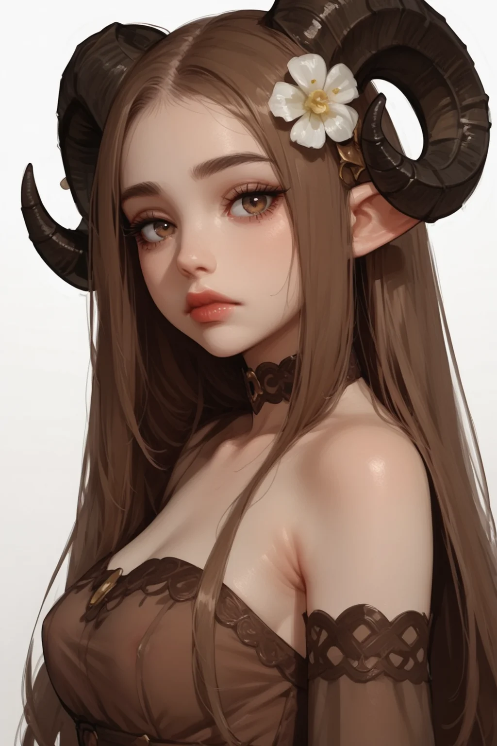 1girl, horns, solo, long hair, pointy ears, looking at viewer, brown hair, bare shoulders, , upper body, sheep horns, lips, light brown eyes, dress, choker, curled horns, straight hair, , hair ornament, detached sleeves, closed mouth, brown dress, nose, from side, , expressionless, brown hair, flower, eyelashes, , see-through, hazel eyes, looking to the side, strapless dress, demon girl, breasts
