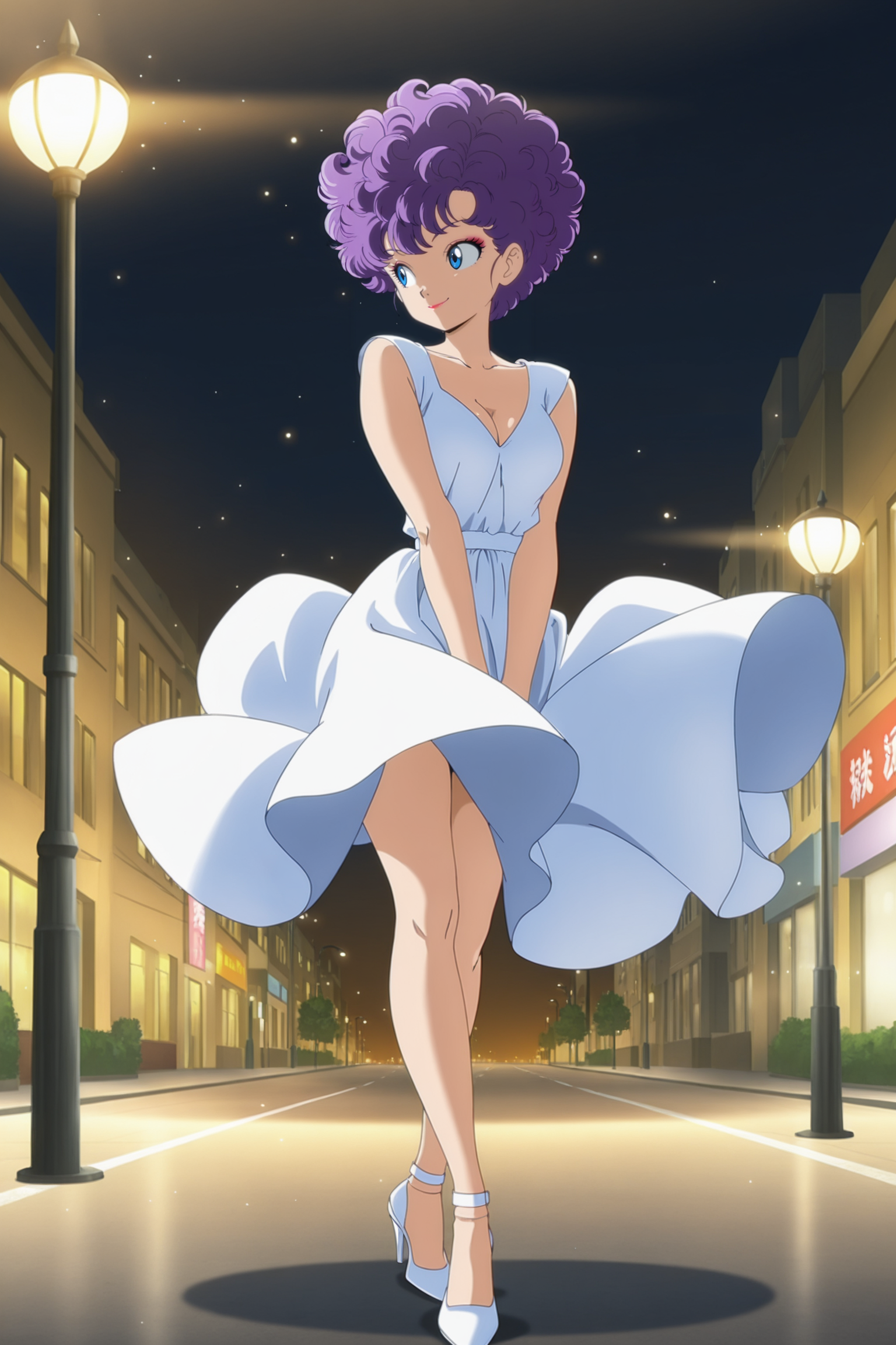 anime screencap, masterpiece, best quality, amazing quality, very aesthetic, absurdres,  newest, (scenery, volumetric lighting), official style, light particles, light rays, dappled moonlight,
ranfan, official style, marylin monroe pose, 1girl, solo, breasts, smile, short hair, blue eyes, cleavage, standing, full body, purple hair, small breasts, holding dress, (white dress), white high heels, gradient, gradient background, makeup, sleeveless dress, looking to the side, wind, curly hair, wind lift, city, building, street, lamppost, night
 <lora:Ranfan_IL:0.8>
