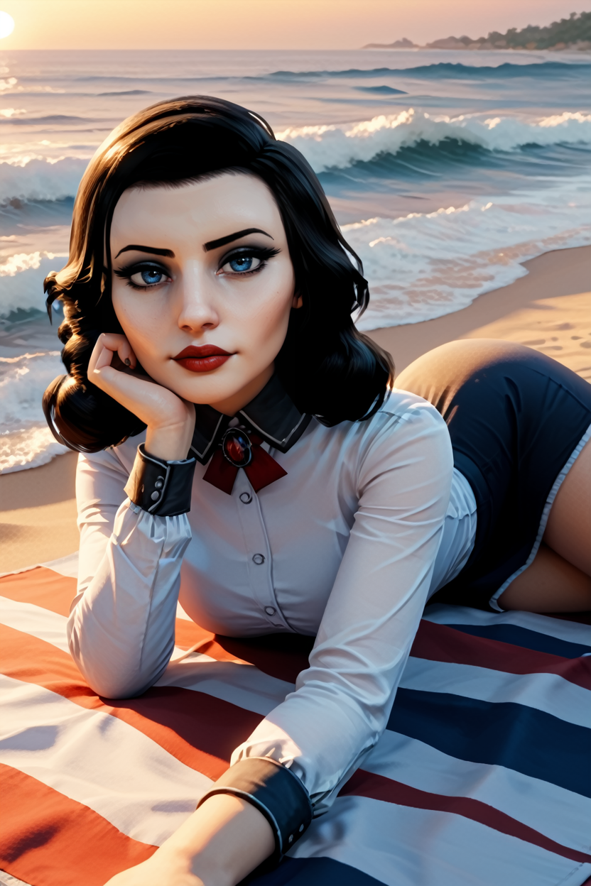 score_9, score_8_up, score_7_up, score_6_up
<lora:BioshockBurialElizabeth:0.8>
BioshockBurialElizabeth, 1girl, black hair, blue eyes, looking at viewer, Laying on a beach towel, looking at viewer, ocean waves in the background, golden sunset lighting, relaxed and carefree atmosphere
