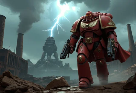 (score_9, score_8_up), score_7_up, <lora:PonyAlphaL40k:1> AlphaL40k, wearing power armor, holding a rifles, helmet, cape on his back, A hulking Armor Warrior, inspired by the might of a Space Marine, strides through a smog-choked industrial dystopia. Clad in a fusion of ornate Victorian armor and an industrial-powered exoskeleton, the warrior exudes a blend of old-world grandeur and brutal efficiency. Cybernetic enhancements reinforce its joints, granting the warrior superhuman strength and endurance. Behind, an industrial city looms—towering smokestacks and crumbling Victorian structures stretch into the stormy sky. Massive iron machines belch smoke as lightning dances among the clouds. The Armor Warrior stands as a sentinel of this dystopian world, embodying the brutal union of flesh, machine, and divine power in a time when technology and the gods are inseparable.