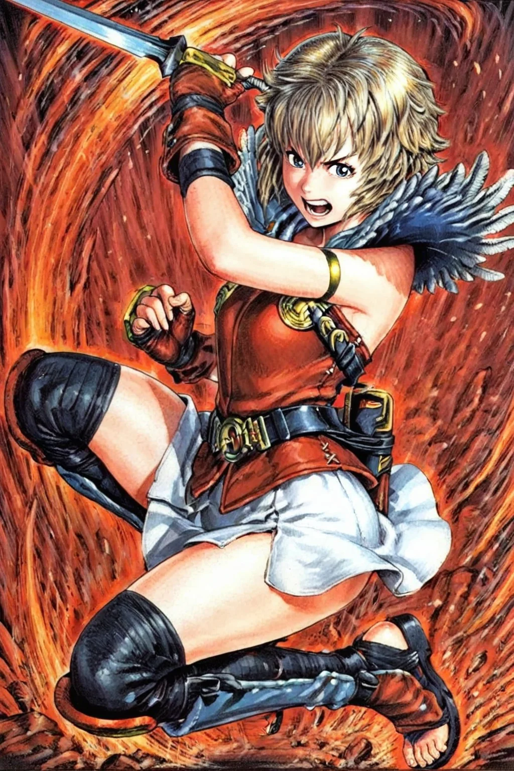 masterpiece, best quality, amazing quality, GOHLEU, cyb88, traditional media, 1girl, short hair, messy hair, blonde hair, blue eyes, feathered shoulder pads, feather shoulder pads, armlet, sleeveless red shirt, body harness, small breasts, fingerless gloves, belt, belt buckle, (segmented skirt, white skirt, (((slits)))), upper body, portrait, plain background, red shin guards, toeless footwear, black thighighs, action pose, mid air, leaping, angry, full body