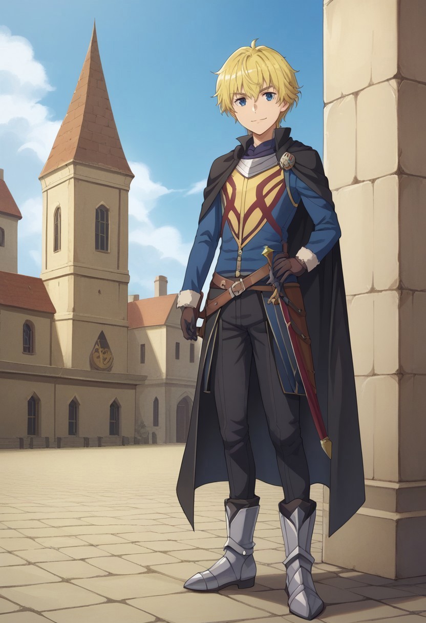 score_9, score_8_up, score_7_up, source_anime, highly detailed, 

deimne, male focus, blonde hair, weapon, 1boy, solo, sword, holding, holding weapon, blue eyes, gloves, holding sword, black gloves, cape, smile, armor, pants, black pants, boots, blue shirt, standing,
armored boots, fur trim, long sleeves, black cape, breastplate,

outdoor, building, medieval, sky, clouds,