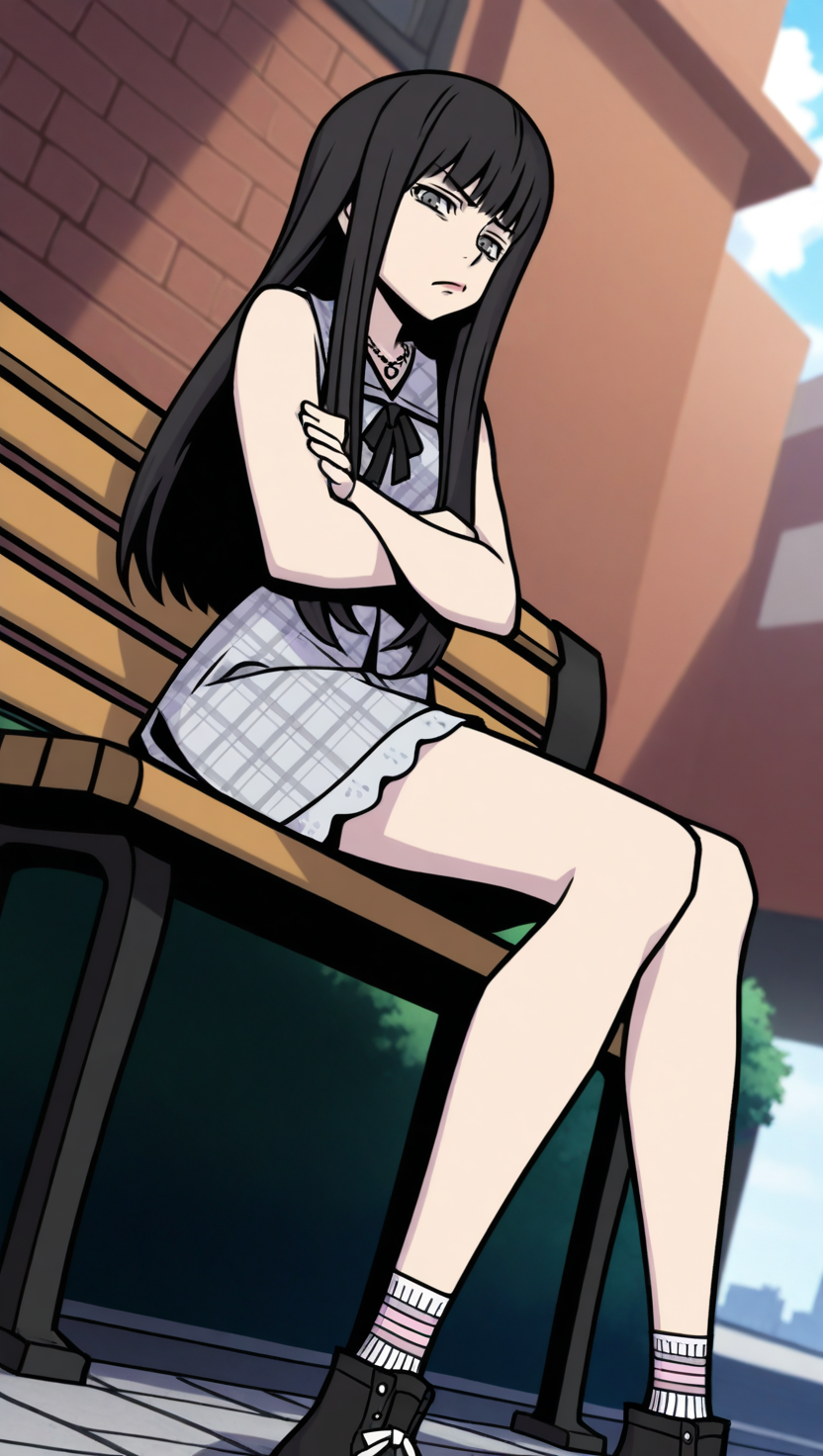 anime screencap, absurdres, high quality, official style, shokaNEO, 1girl, solo, long hair, black hair, grey eyes, grey plaid dress, black ribbon, socks, black shoes, necklace, cowboy shot,  AddXL,Perfect Hands, from side, low angle, from below, legs crossed, sitting on bench, city exterior, depth of field, looking at viewer, annoyed expression, dynamic angle, pouting, narrowed eyes, day time,