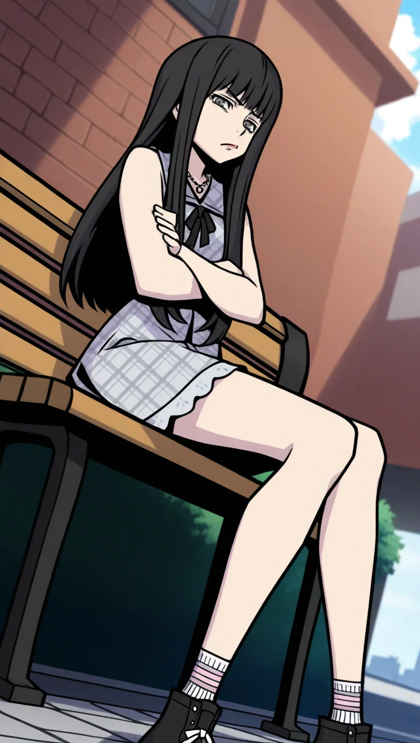 anime screencap, absurdres, high quality, official style, shokaNEO, 1girl, solo, long hair, black hair, grey eyes, grey plaid dress, black ribbon, socks, black shoes, necklace, cowboy shot, AddXL,Perfect Hands, from side, low angle, from below, legs crossed, sitting on bench, city exterior, depth of field, looking at viewer, annoyed expression, dynamic angle, pouting, narrowed eyes, day time,