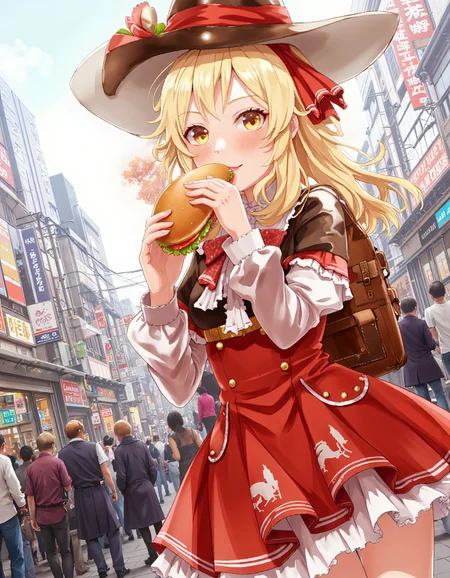 <lora:dmd2_sdxl_4step_lora_fp16:1>
1girl, klee \(genshin impact\), official costume, eating burger, cowboy shot, dutch angle,
outdoors, tokyo \(city\), crowd, audience, general,, small tits