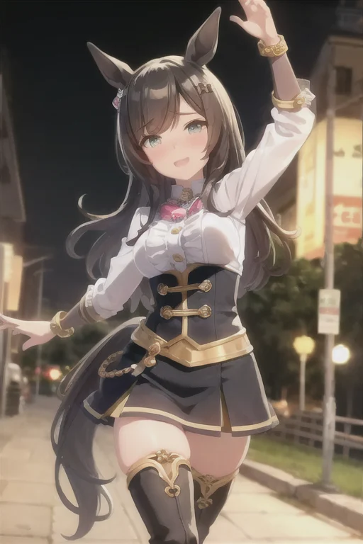 masterpiece,best quality,<lora:UmaMusumePrettyDerby_umms:1>umms,(horse ears, horse girl,:1.2) (horse tail,:1.3) ,full body,running

road, soft light,detailed lighting,cinematic light,neon lights,street lamp,shop,

detailed face,1girl,solo,hair bangs,hair clip,happy face,{{super detailed skin}},

{{wear armor}}, thigh boots,, detailed boot,gems, jewellery,badges ,shackles,