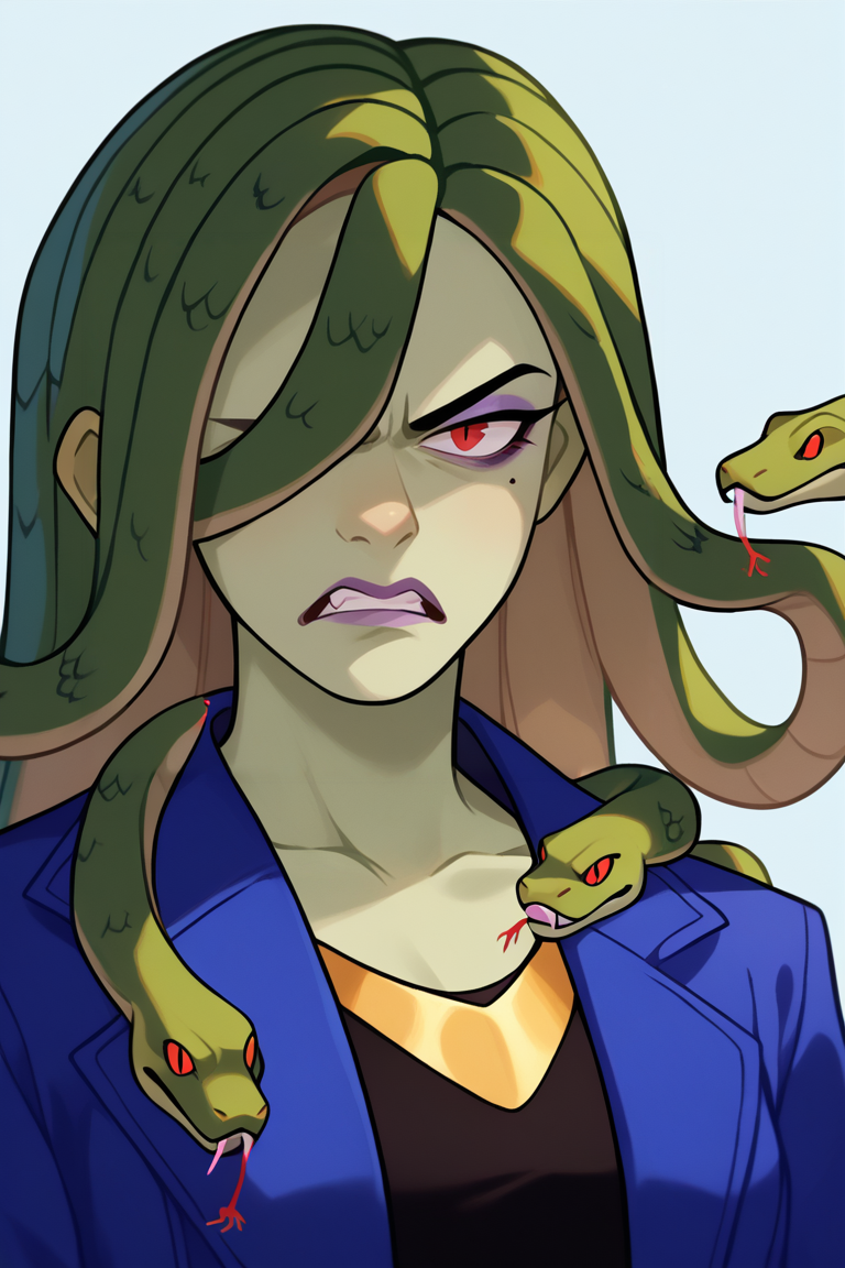 score_9, score_8_up, score_7_up, BREAK, 1girl, solo, breasts,  <lora:veraoberlin-guy-PONYv1:1>, veraoberlin, snake hair, green skin, monster girl, hair over one eye,  makeup, blue jacket, black dress, portrait, upper body, looking at viewer, angry,