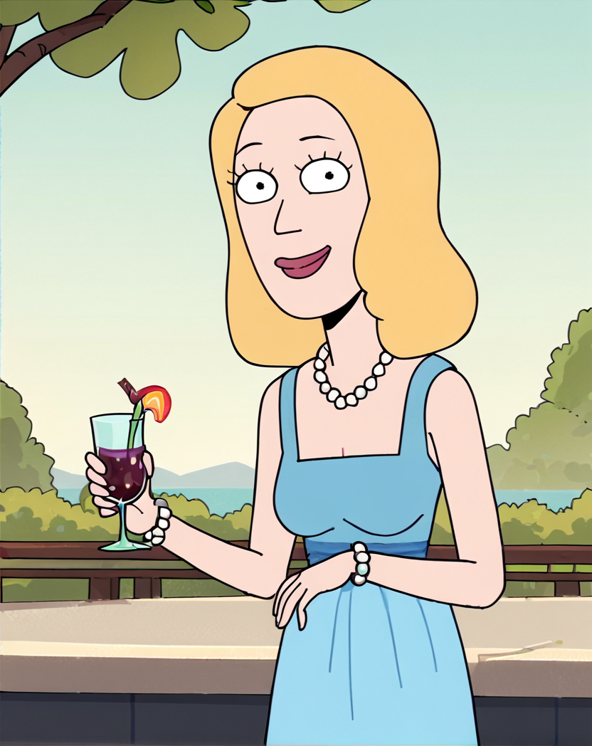 Beth, 1girl, blonde hair, solo, necklace, cup, blue dress, smile, pearl necklace, tree, standing, bracelet, holding score_9, score_8_up, score_7_up, score_6_up, score_5_up, score_4_up, looking at viewer,     <lora:BethSmithPony1.0:1>
