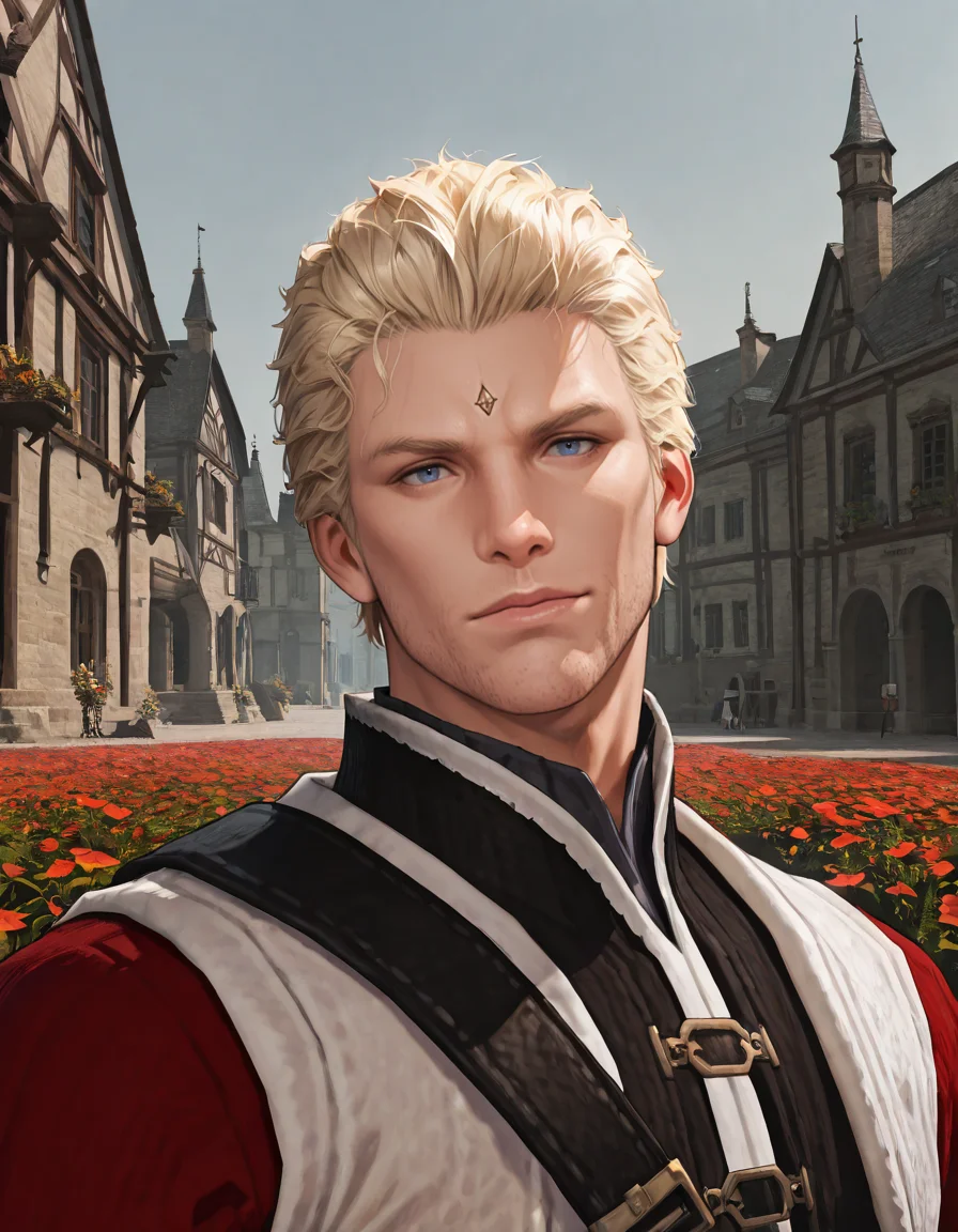masterpiece, best quality, absurdres, newest, perfect quality, best quality, absolutely eye-catching, detailed background, intricate details, male focus, solo, realistic, <lora:FFXIV - Nero tol Scaeva - Illustrious-000005:0.7>, ffxiv_nero, 1boy, tall male, blue eyes, blonde hair, forehead mark, stubble, red shirt, vest, looking at viewer, head tilt, medieval city, trees, flowers, portrait, close-up