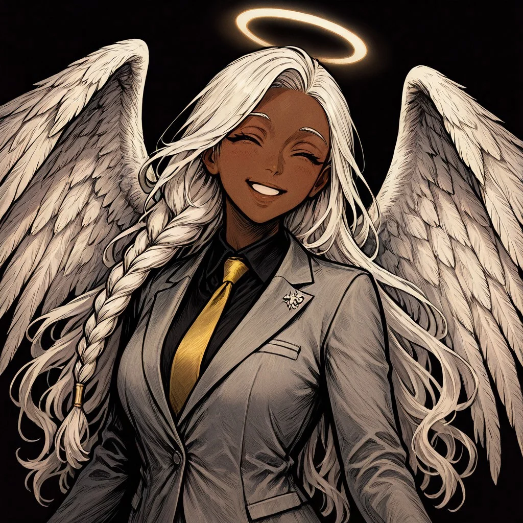 masterpiece, best quality, newest, absurdres, highres, NFCV1.0, 
1girl, dark skin, dark-skinned female, grey suit, suit official attire, official clothes, nectie, yellow necktie, white hair, long hair, braid, single braid, angel, angel girl, halo, wings, angel wings, smile, happy,