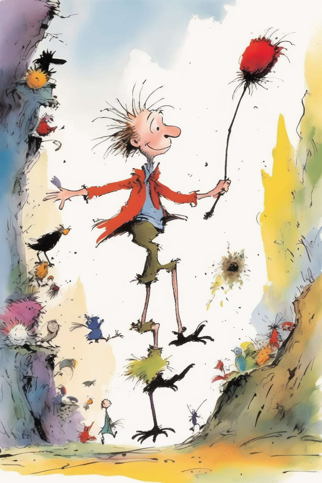<lora:Quentin Blake Style:1>Quentin Blake Style - Step into a world infused with the unique style of Quentin Blake, the legendary illustrator who has brought countless classic children's books to life. Embark on a Midjourney adventure that transports you to a vibrant and colorful environment, where characters and landscapes burst with energy and liveliness. In the spirit of Quentin Blake's style, the illustrations feature expressive lines and dynamic brushstrokes, imbuing the images with a sense of movement and spontaneity. The characters are whimsical and playful in appearance, while the environments are intricately detailed, filled with delightful surprises. The colors are bright and vivid, enhancing the liveliness of the scenes. With a nod to the humor and quirkiness of Quentin Blake's work, the Midjourney adventure invites children to unleash their imagination and embrace the magic of the illustrations. Get ready for a journey filled with wonder and joy, where every page comes alive in Quentin Blake's distinctive artistic style. There must be a botanic garden in it.