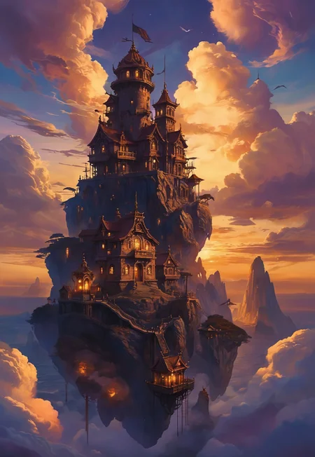 skies of arcadia,best quality, masterpiece, extremely detailed, professional art, professional painting, intricate detail, dynamic composition, back lighting, perfect shading, professional shading, bokeh, cool fill light, formidable, impenetrable, highly detailed, far shot, giant floating island in the sky, onyx black castle, a peasant town surrounds it, lots of different dwellings, steampunk fantasy, sunset, purple clouds, lava falls, floating, cityscape, island, forboding
