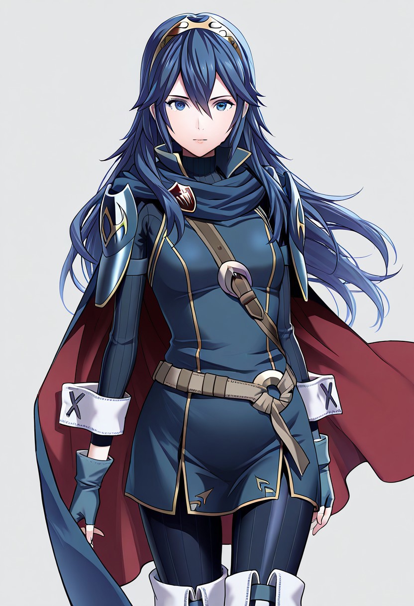 masterpiece, best quality, crimsonj-girl.fightil, , 
  1girl,Lucina, Long hair, Blue hair, tiara, hair between eyes, blue eyes, tunic, shoulder armor, belt, cape, fingerless gloves, Leggings, thigh boots, boots, medium breasts,
looking at viewer,
upper body,
simple background,perfect anatomy