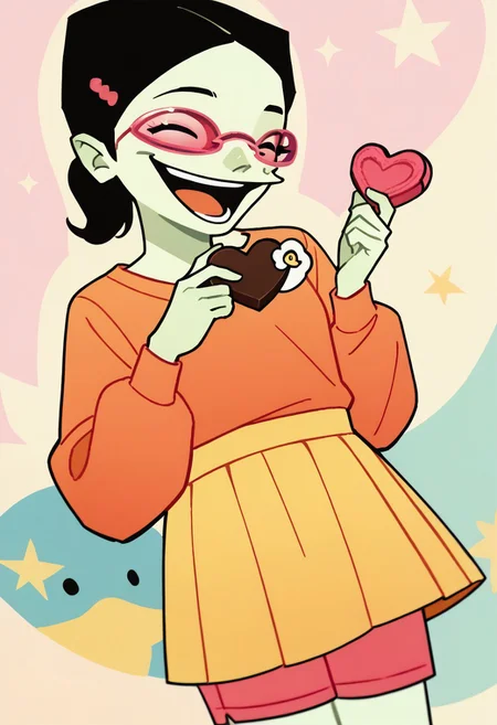 score_9, score_8_up, score_7_up BREAK melirie, 1girl, light green skin, black hair, ponytail, pink glasses, pink hairclip, orange longsleeved shirt, small penguin circle badge, yellow skirt, pink shoes, solo, laughing at viewer, offering heart chocolates, cowboy shot, laughing, solo focus,