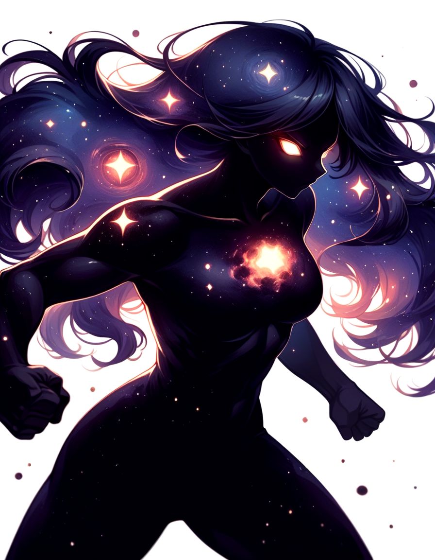 score_9,score_8_up,score_7_up,   <lora:Navi_Celestial_Skin_PonyXL:1.1> nv-celestialskin  ,   colored skin,  void cosmic body, deep black skin, silhouette, nebula, faceless female, long hair, tsurime,  multicolored eyes, 
solo , clenched hands fighting stance, standing, white background,