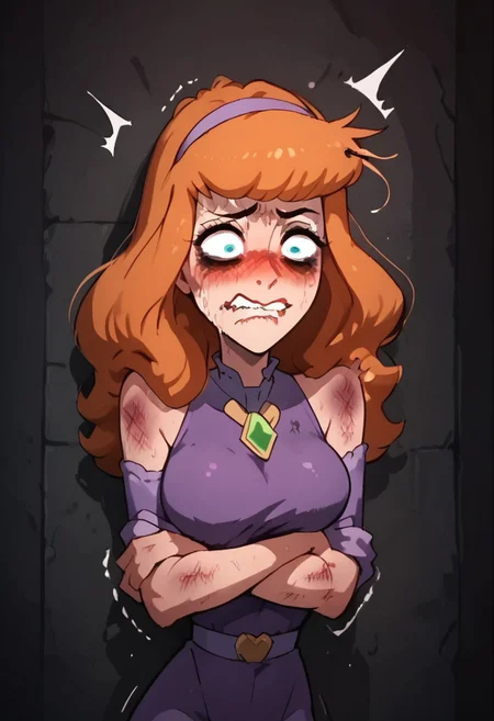 score_9, score_8_up, score_7_up, score_6_up, score_5_up,daphne, daphne blake,1girl, jungle,((((((offended))))))), ((((((extremely offended))))))), ,blue eyes, orange long hair, torn clothes,((purple dress)),((((((humiliated)))))), (((((beaten))))),(((((blushing)))),(((((extremely beaten))))), ((((((((bags under eyes)))))))), ((((((clenched teeth)))),((((((embarrassed)))))), messed hair, messy hair, destroyed face, destroyed body, awful skin face,  long hair, makeup, lipstick, young, ((((skinny))))),(((busty petite)))) narrow waist, fragile, sexy, perfect body,dynamic pose, posing,  ((((((shaggy hair)))))), (((((bags under eyes))))),tired, tired af, extremely tired, tired eyes, huge amount of tireness, absolutely tired, ((((wants to die)))), almost die, eternally tired, pain, feeling pain, feeling strong pain, powerless, extremely tired eyes, bags under eyes, shiners, stupid, dumb, extremely stupid, extremely dumb, no brain, (((eye twitching))), nervous eye twitching, extremely hard eye twitching, totally burnt hair, sexy, horny, scared, in love, extremely dirty dress, hardly beaten fifty times, confused, deeply humiliated face, depressed face