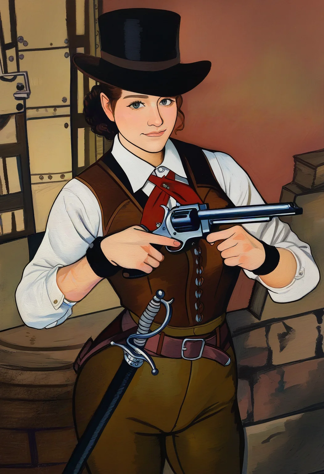 masterpiece, best quality, newest, absurdres, highres, 1girl, adventurer, revolver, rapier, top-hat, wristband, cowboy-shot, steampunk