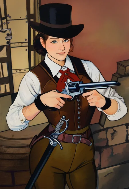 masterpiece, best quality, newest, absurdres, highres, 1girl, adventurer, revolver, rapier, top-hat, wristband, cowboy-shot, steampunk