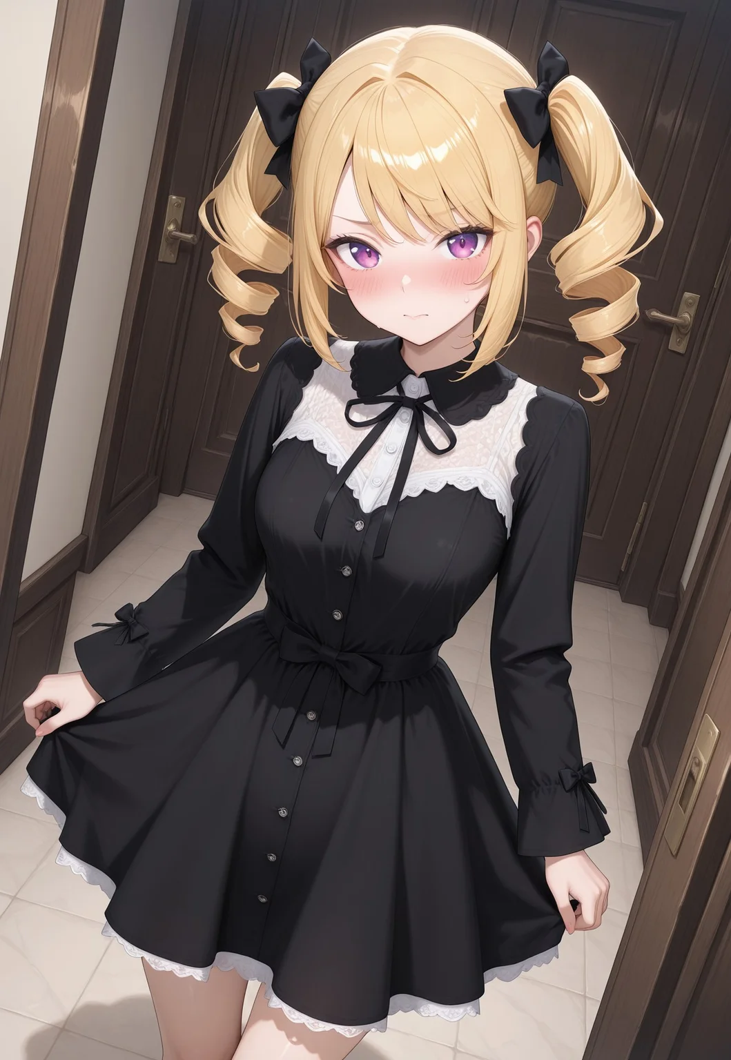 highres, best quality, masterpiece, indoor, manor,
1girl, KRAisha, 1girl, solo, drill hair, blonde hair, twin drills, black dress, bow, ribbon, long sleeves, neck ribbon, dynamic angle, masterpiece, best quality, amazing quality, very aesthetic, absurdres, newest, blush, standing, dynamic pose, looking at viewer, blush, close up