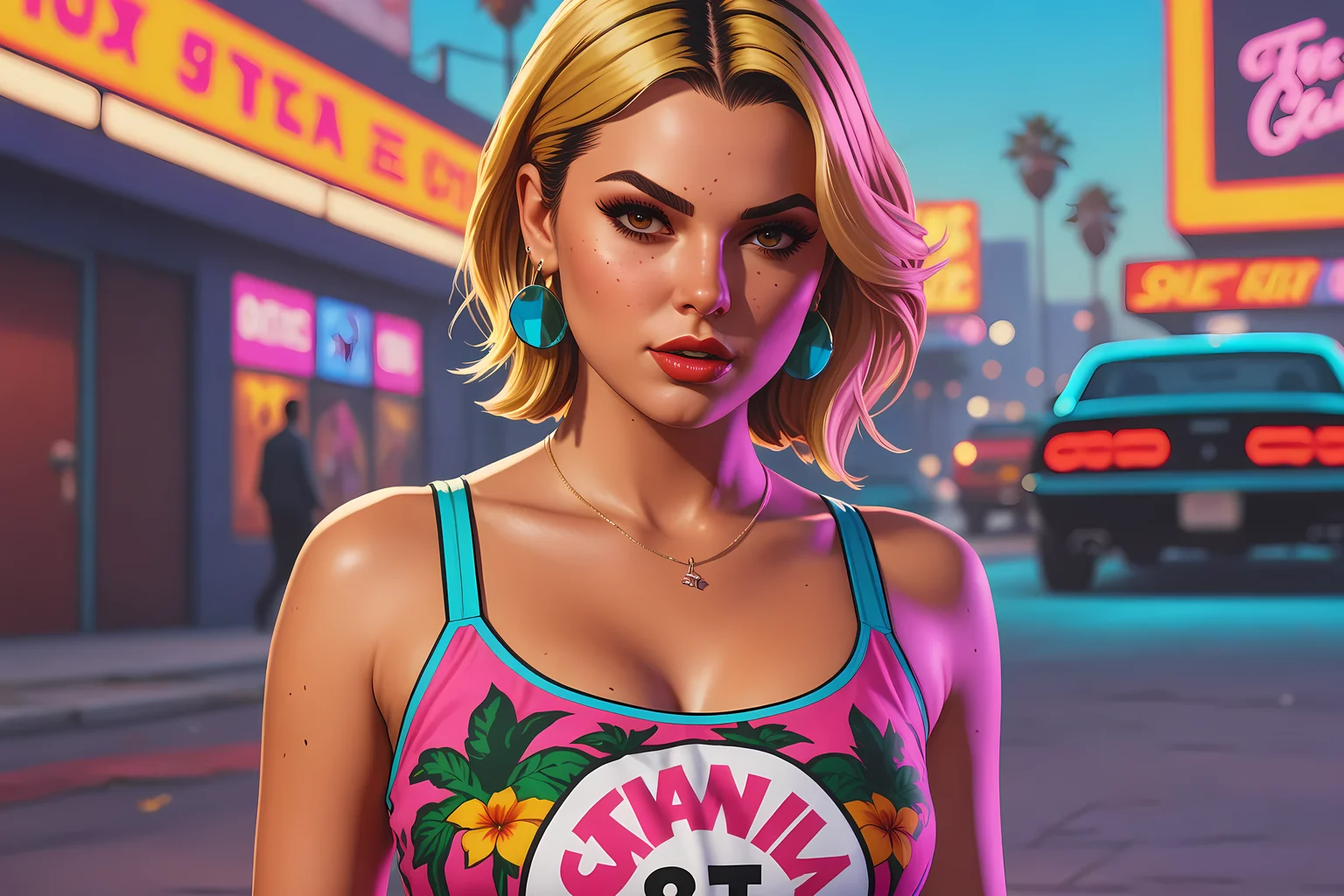 UHD, 8K, ultra detailed, a cinematic photograph of GTA-style artwork 1girl . satirical, exaggerated, pop art style, vibrant colors, iconic characters, action-packed, beautiful lighting, great composition