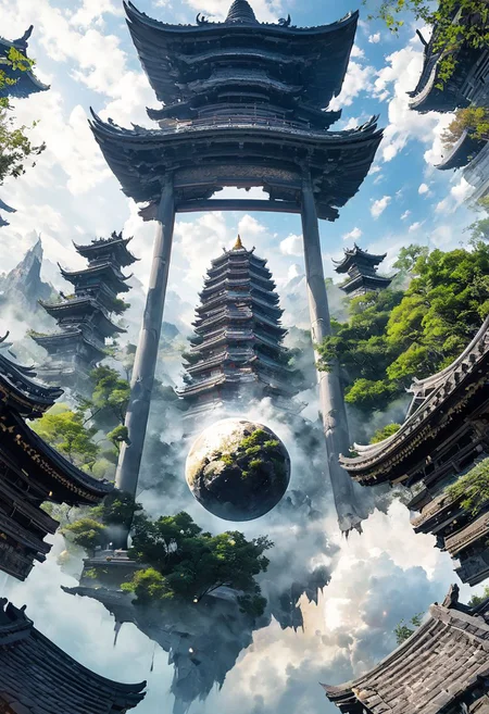sky, pagoda, temple, torn pants, human, forehead marks, blur, plants, floating