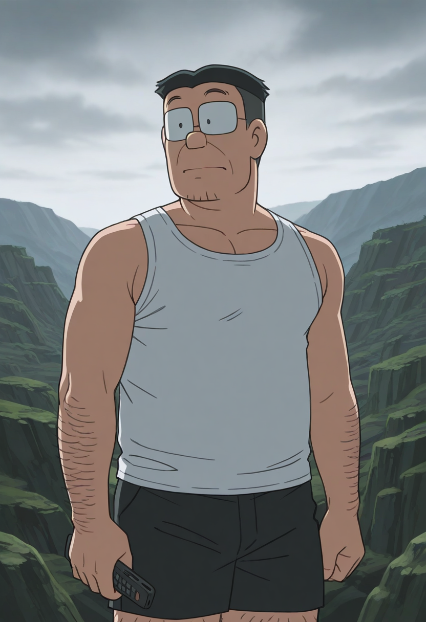 1boy, upper body, looking into distance, contemplative expression, standing, facing viewer, looking to the side, (male focus:2.4),
BREAK
senseiofnobita, mature male, glasses, black hair, black eyes, dot pupils, thick eyebrows, plump, middle-aged man,
BREAK
white tank top, black shorts, casual wear, simple clothing,
BREAK
[thick thighs, thick arms, large pectorals, arm hair, leg hair, muscular male],
BREAK
iceland landscape, volcanic terrain, moss-covered lava fields, distant mountains, overcast sky, dramatic clouds, cold atmosphere, rugged terrain, black volcanic rock, green moss patches, vast open landscape, nordic wilderness, remote location, windswept plains,
BREAK
outdoor setting, natural lighting, soft diffused light, misty atmosphere, distant horizon, sense of solitude, peaceful moment, contemplation,
BREAK
retro artstyle, <lora:Sensei_from_late_Doraemon_oyama_edition_v1.0_1612213:1> traditional media style, soft colors, muted palette,
BREAK
bara, best quality, masterpiece, very aesthetic, absurdres, highest detailed, very awa, detailed background,