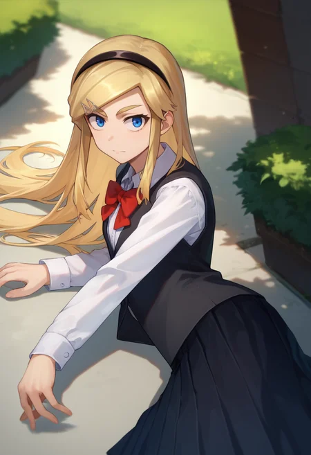 score_9, score_8_up, score_7_up, 1girl,  Kojikira, blonde hair, long hair, blue eyes, hairband, hairpin,  red bowtie, black vest, white shirt, black skirt,  on side, light smile,    <lora:Akira-000008:1>