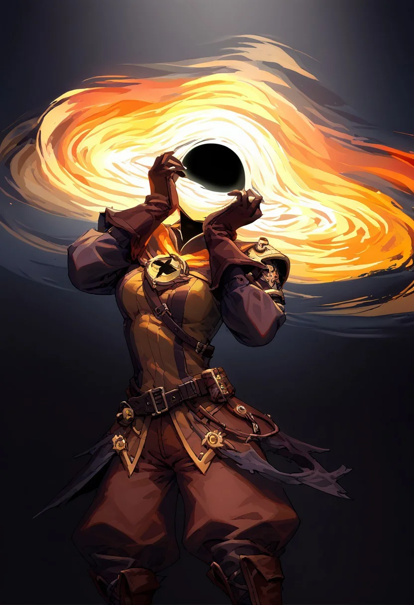 score_9, score_8_up, score_7_up,
lord_of_frenzy, fire head,
faceless, no eyes, no mouth, no nose, no facial features,
h3ad, object_head,
(black hole:1.1), (event horizon:1.1), (gravitational lensing:1.3),
magical girl outfit, yellow steampunk dress, boots, (brown shorts:1.2), black tights, medium breasts, belt, brown gloves, black long sleeves,
simple background, black background,
hands on own face, hands on own cheeks, yandere trance,
expressive pose, tilt head, arched back,