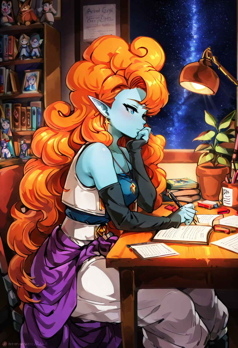 masterpiece, best quality, solo, curvy, beautiful eyes,  narrow waist, wide hips, zZangya, blue eyes, blue skin, pointy ears, orange hair, curly hair, long hair, big hair,  jewelry, necklace, detached sleeves, bare shoulders, vest, gloves, white baggy pants,  ,       <lora:ZangyaDragonballIXL:1.0>, , zzLofi, sitting, side view, desk, chair, book, bookshelf, head rest, holding, holding pen, lamp, night, open book, pen, plant, potted plant, sky, star (sky), starry sky, window, windowsill, writing, <lora:LofiGirl_Style_IXL:0.8>,