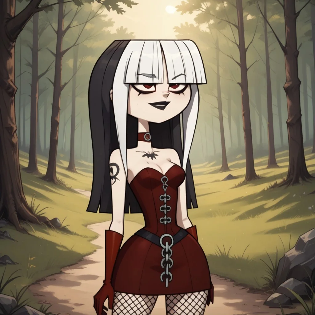 score_9, score_8, BREAK, solo, dark red corset, goth, blunt bangs, dark red gloves, long hair, red eyes, makeup, knee boots, high heel boots, fishnets, chest tattoo, choker, breasts, total drama, CrimsonTD, pale skin, white skin, black lips, lipstick, multicolored hair, black hair, white hair, sexy pose, self portrait, smile, outdoors, sunlight, shadows, evening lighting, natural lighting, forest, trees, grass, orange sky, sunset