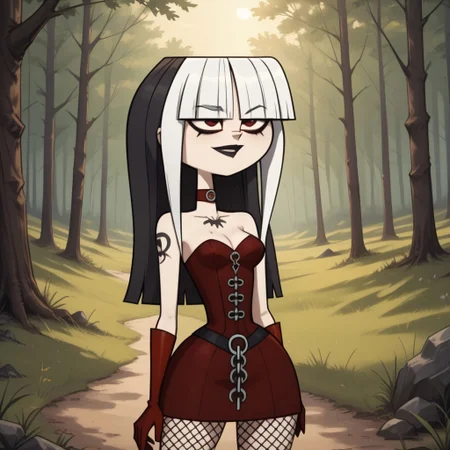 score_9, score_8, BREAK, solo, dark red corset, goth, blunt bangs, dark red gloves, long hair, red eyes, makeup, knee boots, high heel boots, fishnets, chest tattoo, choker, breasts, total drama, CrimsonTD, pale skin, white skin, black lips, lipstick, multicolored hair, black hair, white hair, sexy pose, self portrait, smile, outdoors, sunlight, shadows, evening lighting, natural lighting, forest, trees, grass, orange sky, sunset