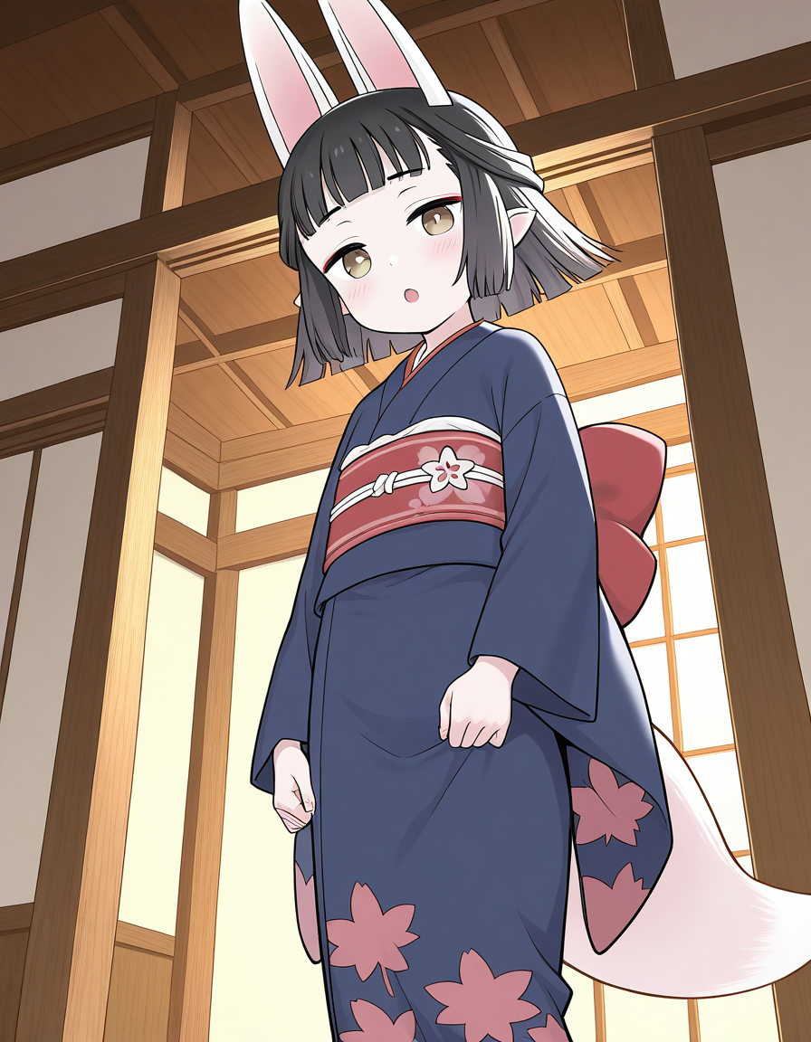 general,highres, ultra-detailed,very aesthetic,best quality ,best hands,  BREAK <lora:Hasaha_IS:1> Hasaha, 1girl,solo, 
1girl, kimono, solo, japanese clothes, animal ears, tail, fox ears, black hair, sash, from below, looking at viewer, blush, obi, pointy ears, fox tail, blue kimono, short hair, yellow eyes, open mouth, bangs, long sleeves, fox girl, wide sleeves, brown eyes, indoors, standing, :o, medium hair, blunt bangs, looking down
Japanese room, tatami,