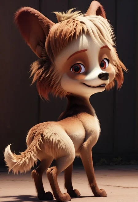 batty, 1girl, female dog, feral, small dog, tri-colored fur, golden tan with a lighter face and belly, one patch over each eye of a darker tan, brown ears, amber eyes, brown and blond hair, brown paws, golden tail, big head, easynegative, score_8_up, score_7_up, BREAK, 1girl, solo, looking at viewer, cute, smiling, smug, from behind, ass focus, looking back, female focus, looking at viewer, detailed background, 4k, masterpiece, best quality, highly detailed, 3d, full shot, realistic,