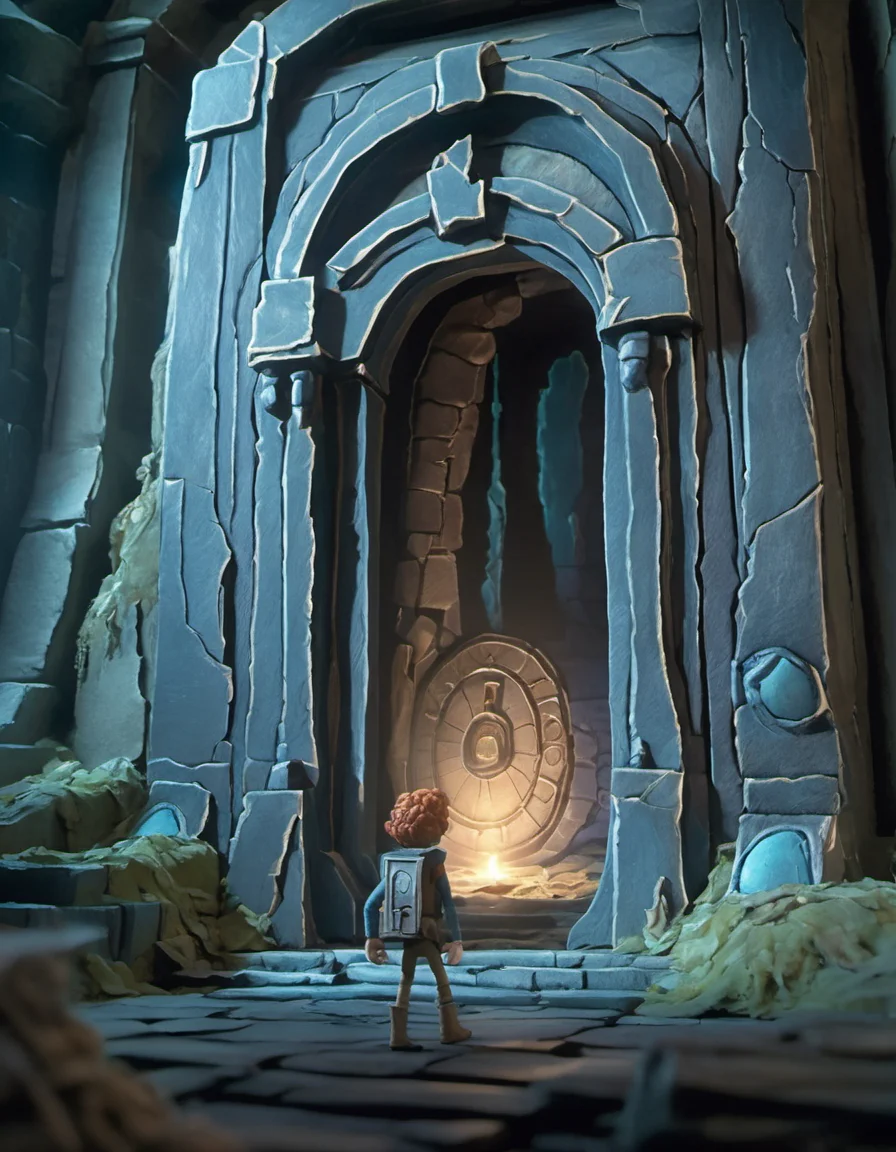 stopmotion, The Forgotten Portal, A hidden portal leads to a realm lost in time, and a brave adventurer seeks to uncover its mysteries. <lora:STOPMO_1.12_RC:0.9>