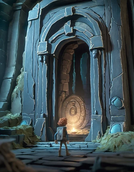 stopmotion, The Forgotten Portal, A hidden portal leads to a realm lost in time, and a brave adventurer seeks to uncover its mysteries. <lora:STOPMO_1.12_RC:0.9>