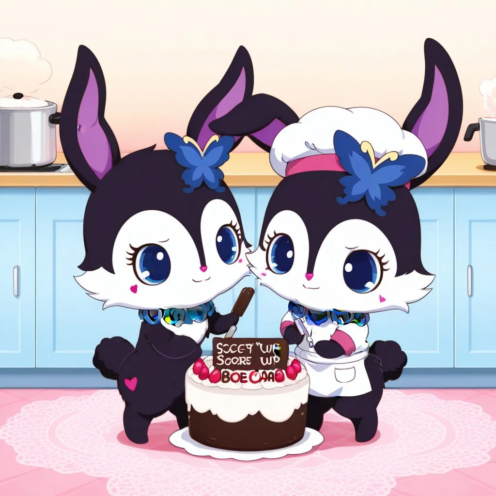 score_9, score_8_up, score_7_up, score_6_up, score_5_up,
best quality, masterpiece, smirks, Full Body, Romantic, Small Body, Furry, looking_pleasured, duo, female/female, 2girls, kitchen, chefs hat, chefs shirt, chefs skirt, rubyjp, no humans, rabbit, chibi, furry, hair ornament, necklace, jewelry, chest fur, white fur, chef outfit, holding a sign that say " buzz cake", largest cake, luea, feral, blue eyes, rabbit, furry, rabbit ears, black fur, purple inner ear, white chest fur, white face, chibi, body fur, (blue butterfly hair ornament), (blue rose necklace), chef outfit, large cake, writing on cake say "buzz for cake",