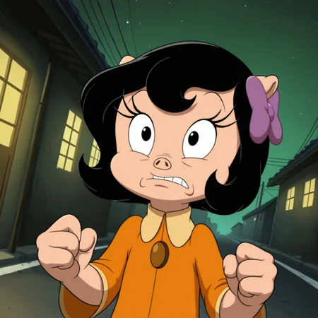 masterpiece, best quality, highly detailed, realistic, 1girl, solo, PetuniaLTM, furry, anthro, suine, flat chested, black eyes, black hair, short hair, tan skin, orange topwear, shirt collar, purple hair bow, upper body, front view, dutch angle, wide eyes, closed mouth, teeth, clenched fists, 4 fingers, running, scared, midnight, green sky, houses, street, green ufos, alien invasion, green beams, destruction, detailed background
