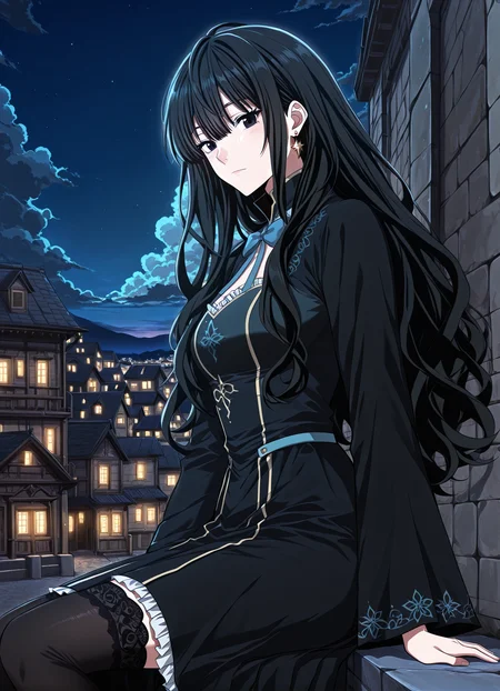 <lora:Kathyln_Glayder__The_Beginning_After_the_End__Illustrious-000009:1>
1 girl, solo, black eyes, brwon eyes, very long hair, black hair, bangs, wavy hair, ahoge, hair between eyes,
black dress, long dress, blue bowtie, black thighhighs, long sleeves, frills, earrings, jewelry, star earrings,
score_9, score_8_up, score_7_up, score_6_up, source_anime, masterpiece, best quality, absurdres, highres, newest, anime coloring <break> 1girl, solo, sitting, on wall, from side, town, night sky, cloud, looking at viewer, night, <lora:iLLMythG0thicL1nes:1>