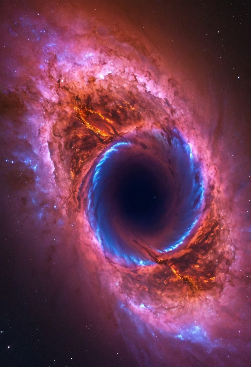 a dynamic and breathtaking image of the universe with vibrant colors and dramatic lighting. Show a swirling nebula in the foreground with bright, intense hues of blue, purple, and pink. In the background, depict a distant galaxy with spiraling arms and scattered stars. Include a supernova explosion, radiating brilliant light, and a mesmerizing black hole at the center, with cosmic debris swirling around it. Add a hint of distant planets and asteroids to create a sense of scale and depth. Make the entire scene feel alive and constantly in motion.