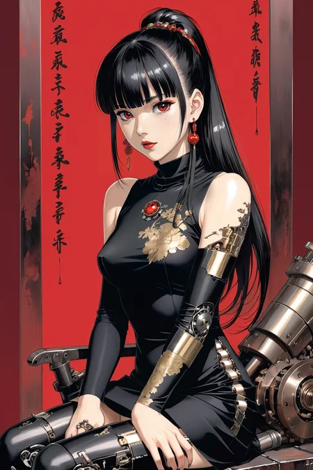 1girl, ((amputee:1.4)), solo focus, battle damage, black dress, (black sclera, red eyes), black hair, blunt bangs, blunt ends, blunt sidelocks, china dress, closed mouth, ((damaged)), dress, earrings, high ponytail, jewelry, ((mechanical legs, mechanical parts)), painterly, red background, red lips, science fiction, sitting, sleeveless, sleeveless dress, small breasts, solo, straight hair, stud earrings, turtleneck, turtleneck dress
(Dramatic Lighting, Vibrant Colors, Exquisite Detail, Award Winning, Stunning) ((in the style of takato yamamoto:1.4)) <lora:Horror_HK:0.75> <lora:Urushihara Satoshi_XL_V2:0.6>