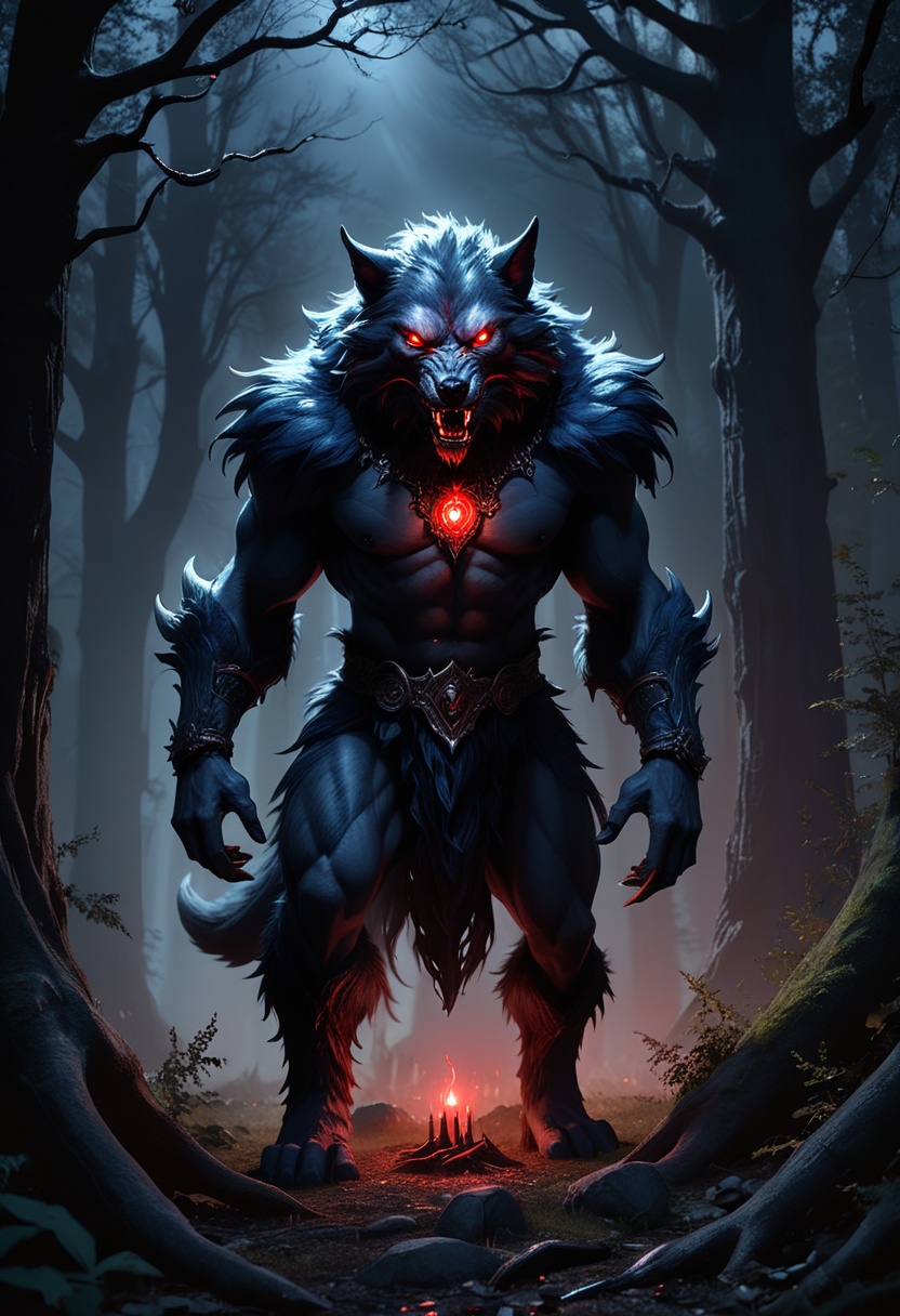 (medium full shot) of (savage werewolf), midnight blue fur, glowing red eyes, wearing fur-lined boots,  enchanted talisman,  set in  a moonlit forest clearing with tall, ancient trees, scattered bones, glowing eyes in the shadows, at midnight, ,Masterpiece,best quality, raw photo, realistic, very aesthetic, dark