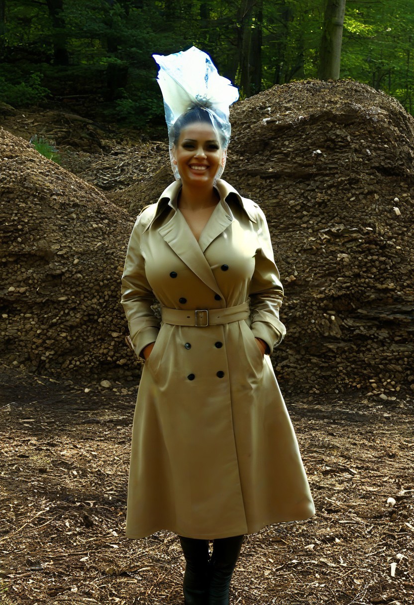 (Sexy busty) woman with (gigantic breasts)+++ and (high updo)+++ (top tank dress)+++ (trenchcoat)+++ (plastic bag)+++ (bag over head)+++ (smiling in a hill)+++