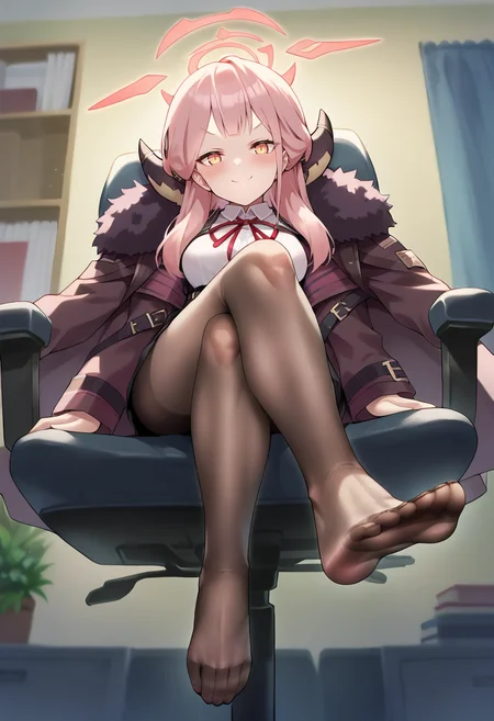 score_9, score_8_up, score_7_up, source_anime, 1girl,long hair,breasts,looking at viewer,blush,smile,bangs,long sleeves,sitting,jacket,white shirt,pink hair,horns,black skirt,feet,red ribbon,black pantyhose,fur trim,neck ribbon,toes,halo,crossed legs,fur-trimmed coat,brown coat,office chair,coat on shoulders,aru \(blue archive\) <lora:Akaza-Style-PonyXL-000050:1>