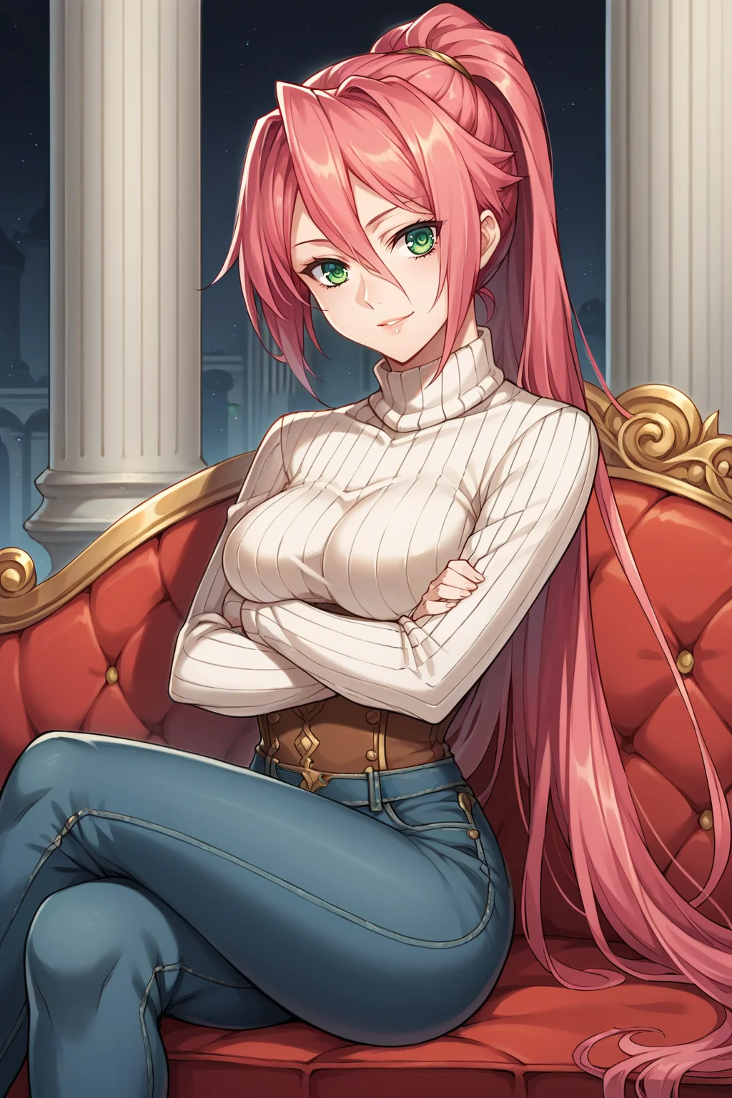 score_9, score_8_up, score_7_up, 1girl, prefect lighting, very aesthetic, intricate details, highly detailed background, masterpiece, high quality, prefect hands, best quality, solo, source_anime,
<lora:Iris_Arcadia_Kuroinu_V1:.85>, KJOiris, pink hair, red hair, green eyes, hair between eyes, long hair, ponytail,
high waist jeans, turtleneck, sweater, long sleeves,
sitting on couch, crossed legs, crossed arms, head tilt, seductive smile,
mansion, pillars, tile floor, red couch,
(Beautiful, medium Breasts:1.2), natural breasts,