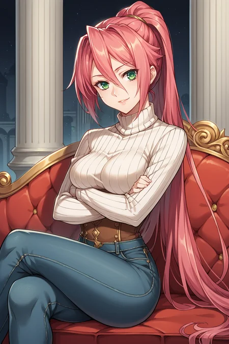 score_9, score_8_up, score_7_up, 1girl, prefect lighting, very aesthetic, intricate details, highly detailed background, masterpiece, high quality, prefect hands, best quality, solo, source_anime,
<lora:Iris_Arcadia_Kuroinu_V1:.85>, KJOiris, pink hair, red hair, green eyes, hair between eyes, long hair, ponytail, 
high waist jeans, turtleneck, sweater, long sleeves,
sitting on couch, crossed legs, crossed arms, head tilt, seductive smile,
mansion, pillars, tile floor, red couch,
(Beautiful, medium Breasts:1.2), natural breasts,